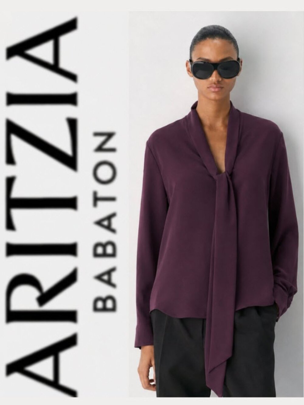 Babaton Hestia Blouse Tie Neck Long Sleeve Burgundy Purple Size Medium